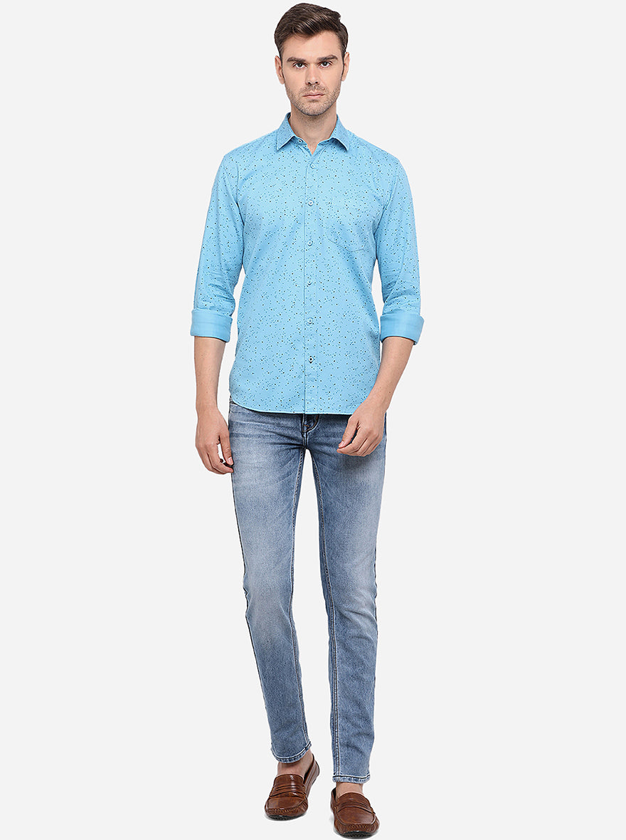 Sky Blue Printed Slim Fit Semi Casual Shirt | Pehervi