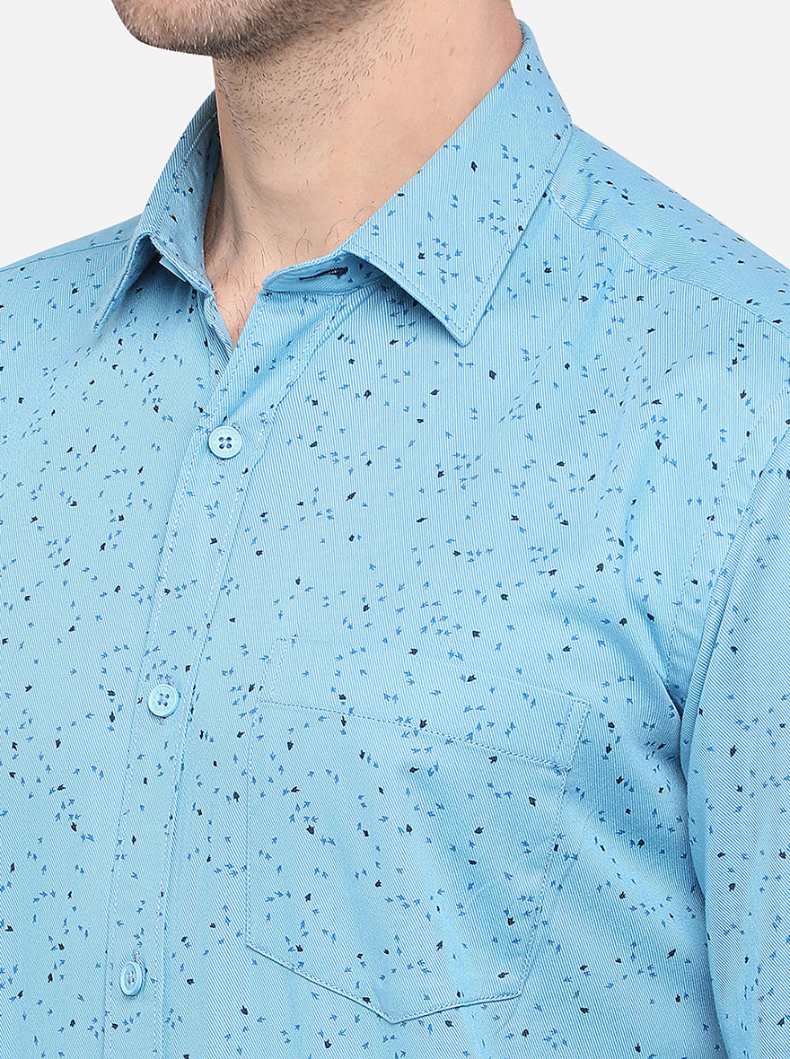 Sky Blue Printed Slim Fit Semi Casual Shirt | Pehervi