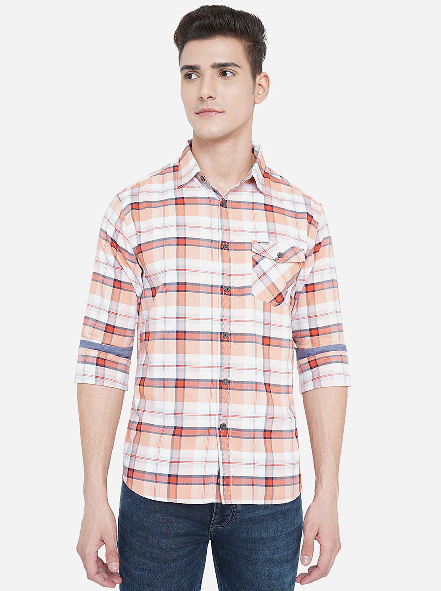 Salmon Peach Checked Slim Fit Semi Casual Shirt | Pehervi