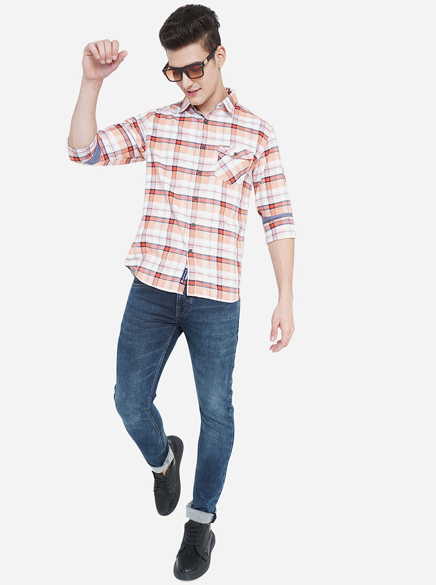 Salmon Peach Checked Slim Fit Semi Casual Shirt | Pehervi