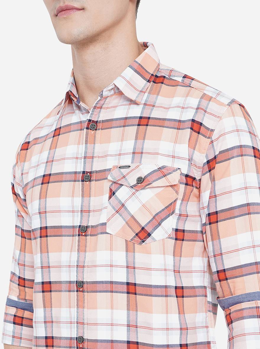Salmon Peach Checked Slim Fit Semi Casual Shirt | Pehervi