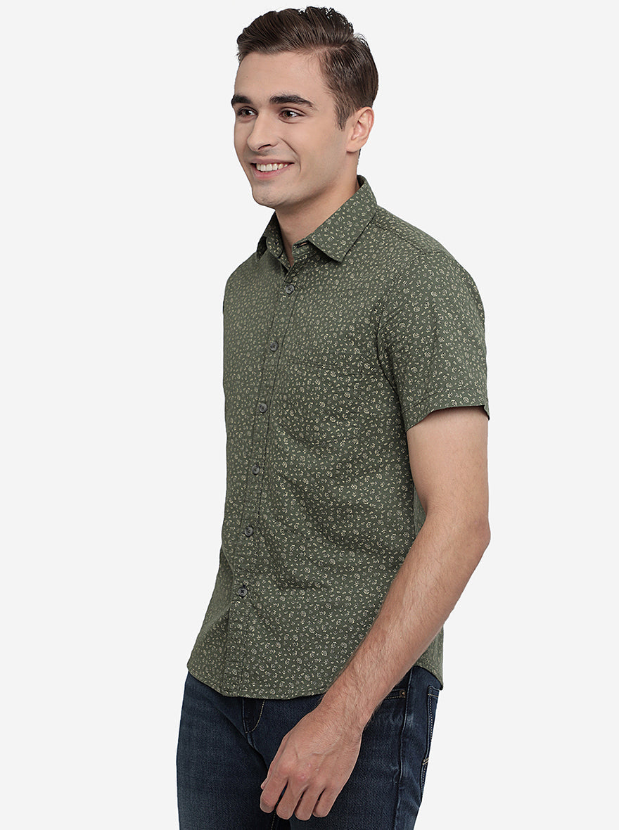 Olive Green Printed Slim Fit Semi Casual Shirt | Pehervi