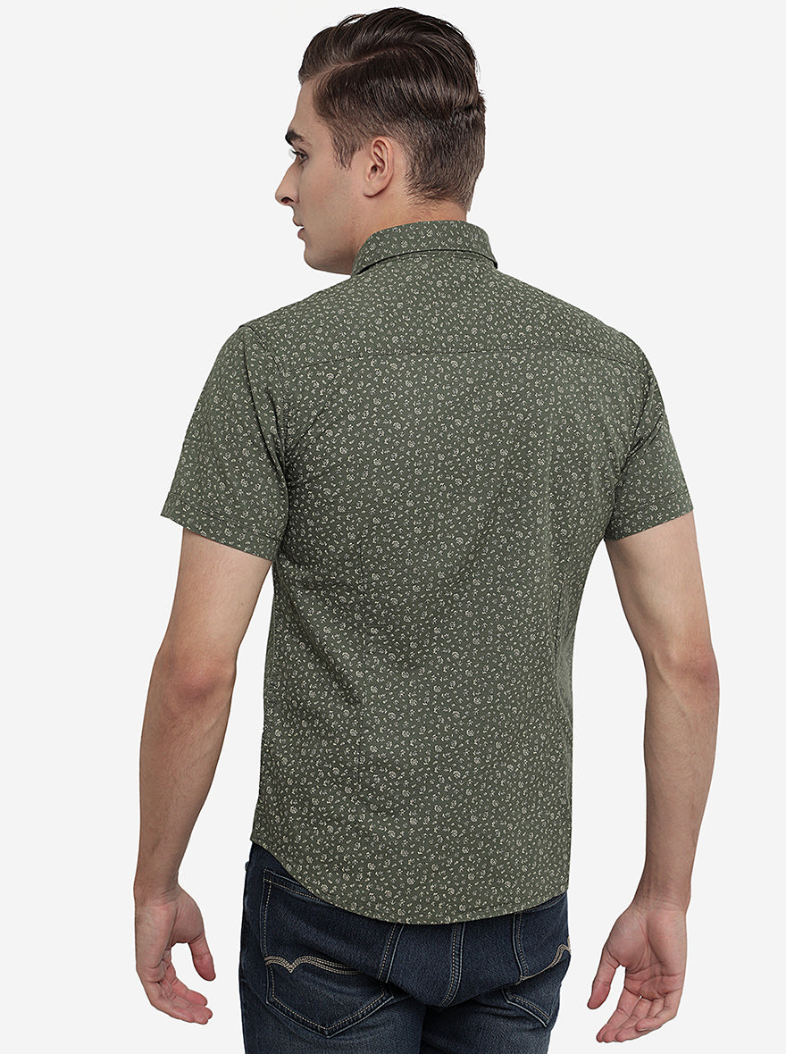 Olive Green Printed Slim Fit Semi Casual Shirt | Pehervi