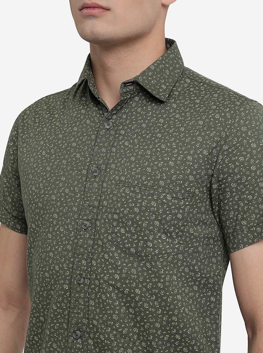 Olive Green Printed Slim Fit Semi Casual Shirt | Pehervi