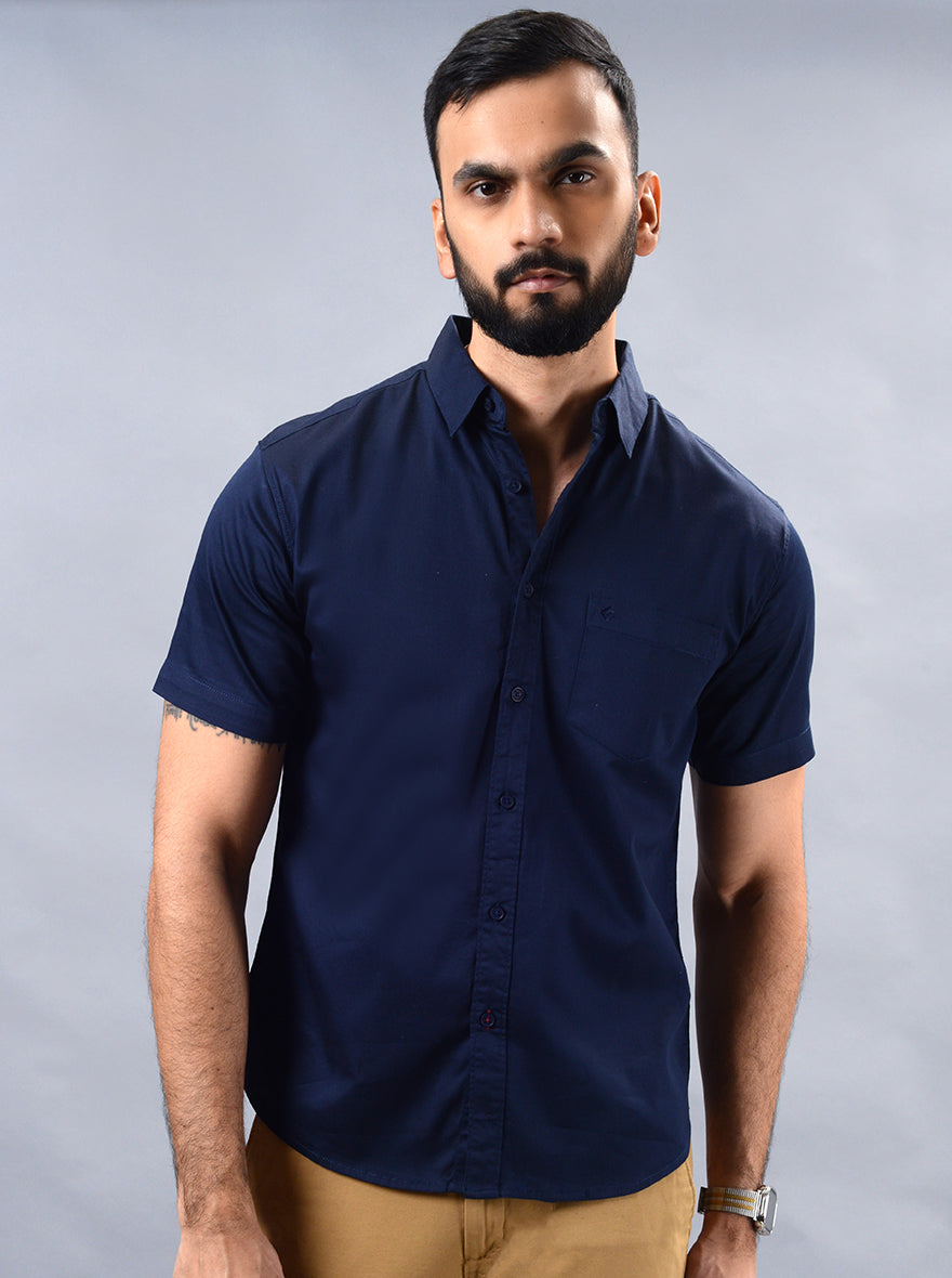 Navy Blue Solid Slim Fit Casual Shirt | pehervi