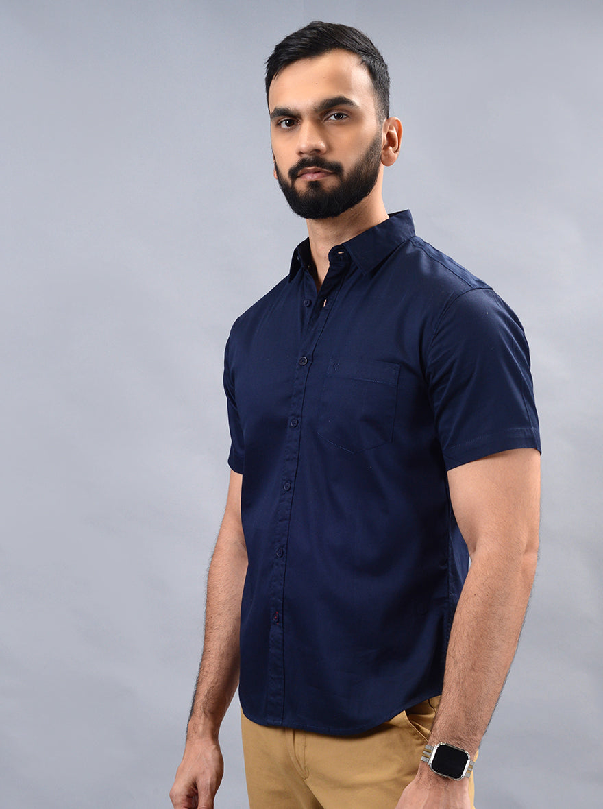 Navy Blue Solid Slim Fit Casual Shirt | pehervi
