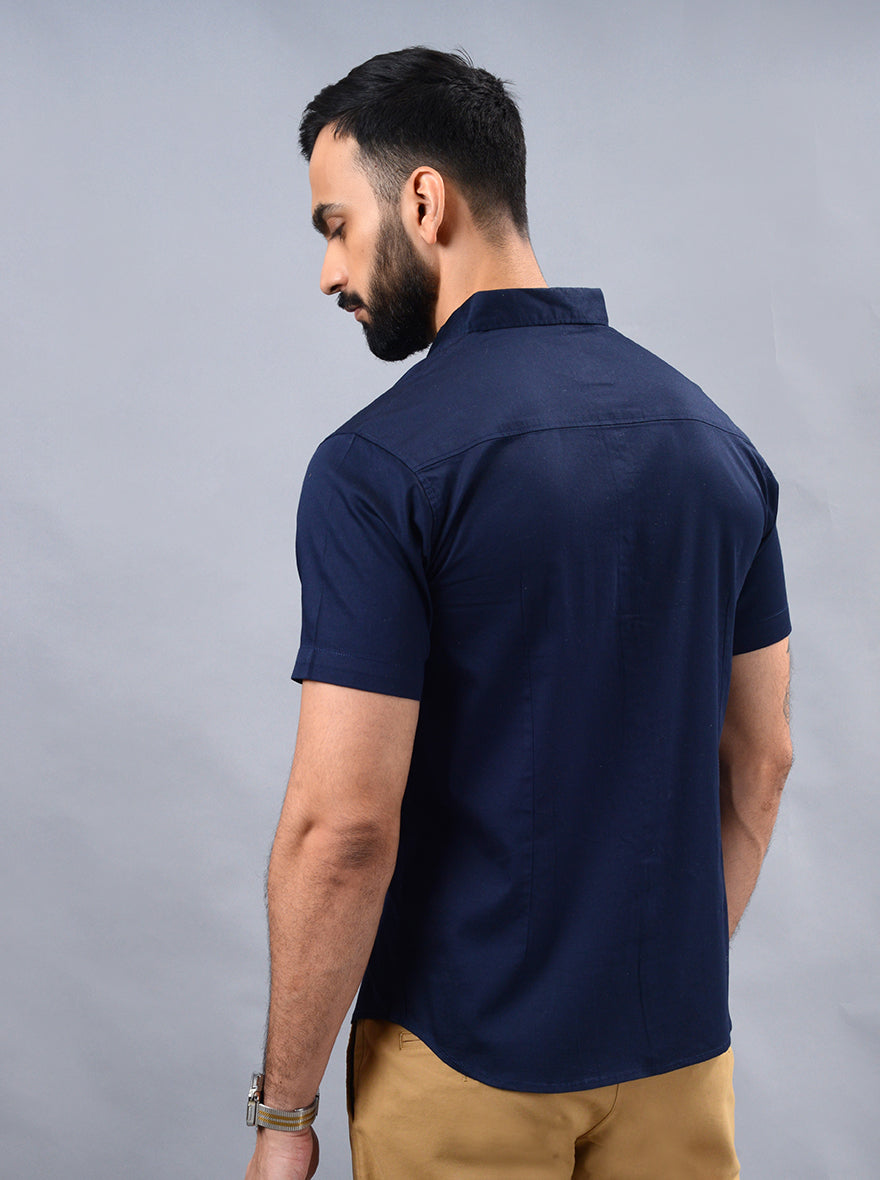 Navy Blue Solid Slim Fit Casual Shirt | pehervi