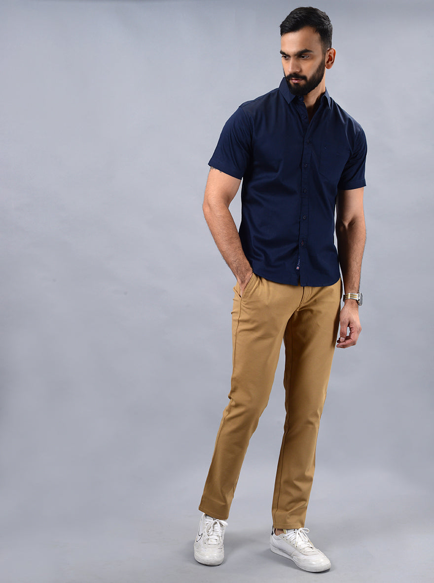 Navy Blue Solid Slim Fit Casual Shirt | pehervi