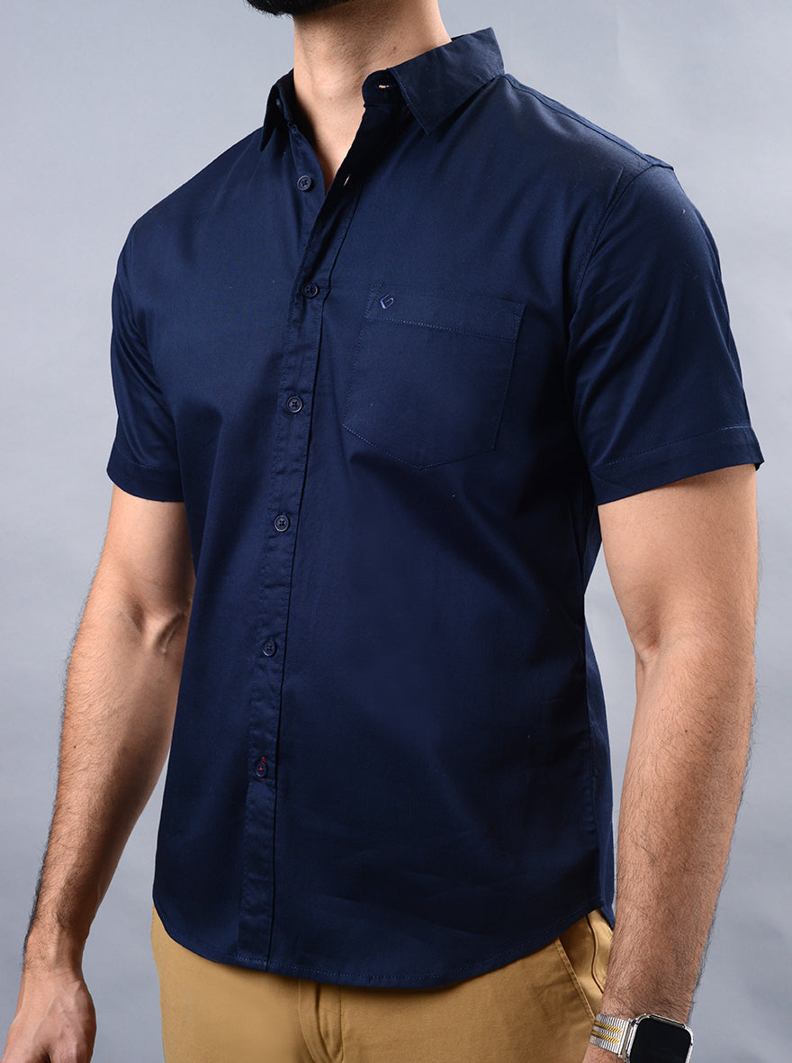 Navy Blue Solid Slim Fit Casual Shirt | pehervi