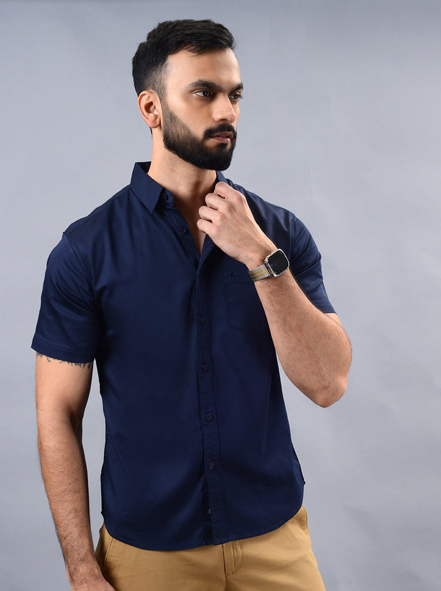 Navy Blue Solid Slim Fit Casual Shirt | pehervi