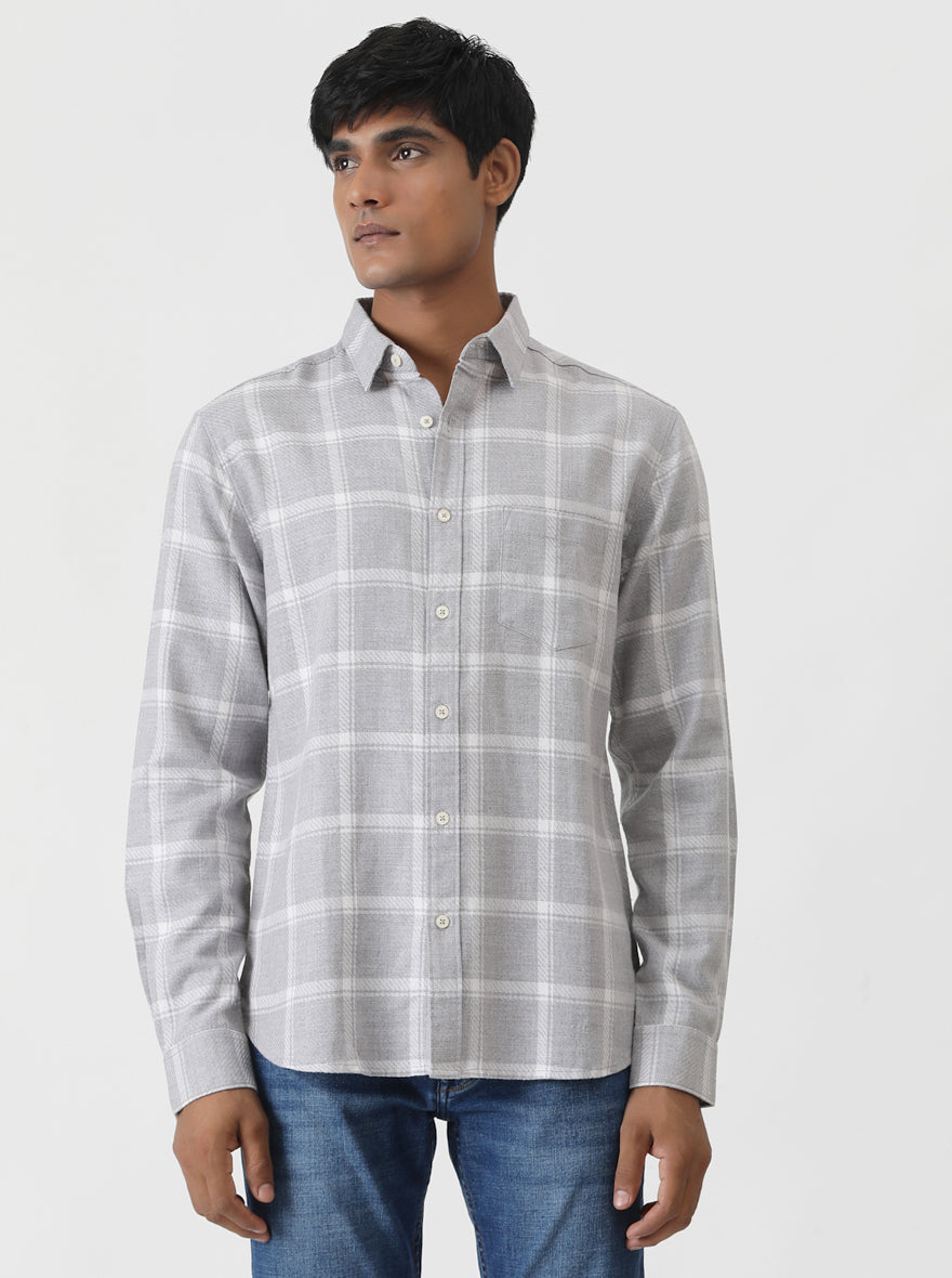 Grey Checked Slim Fit Casual Shirt | pehervi