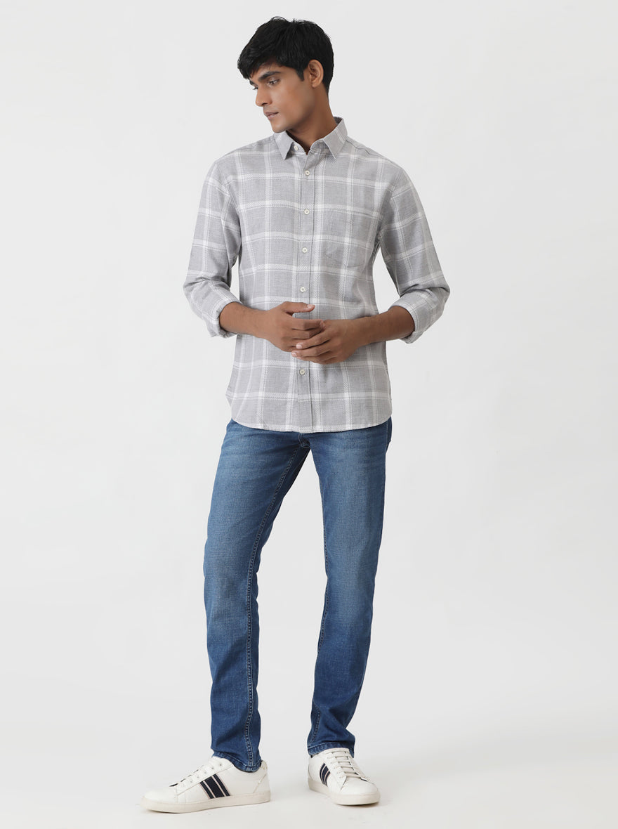 Grey Checked Slim Fit Casual Shirt | pehervi
