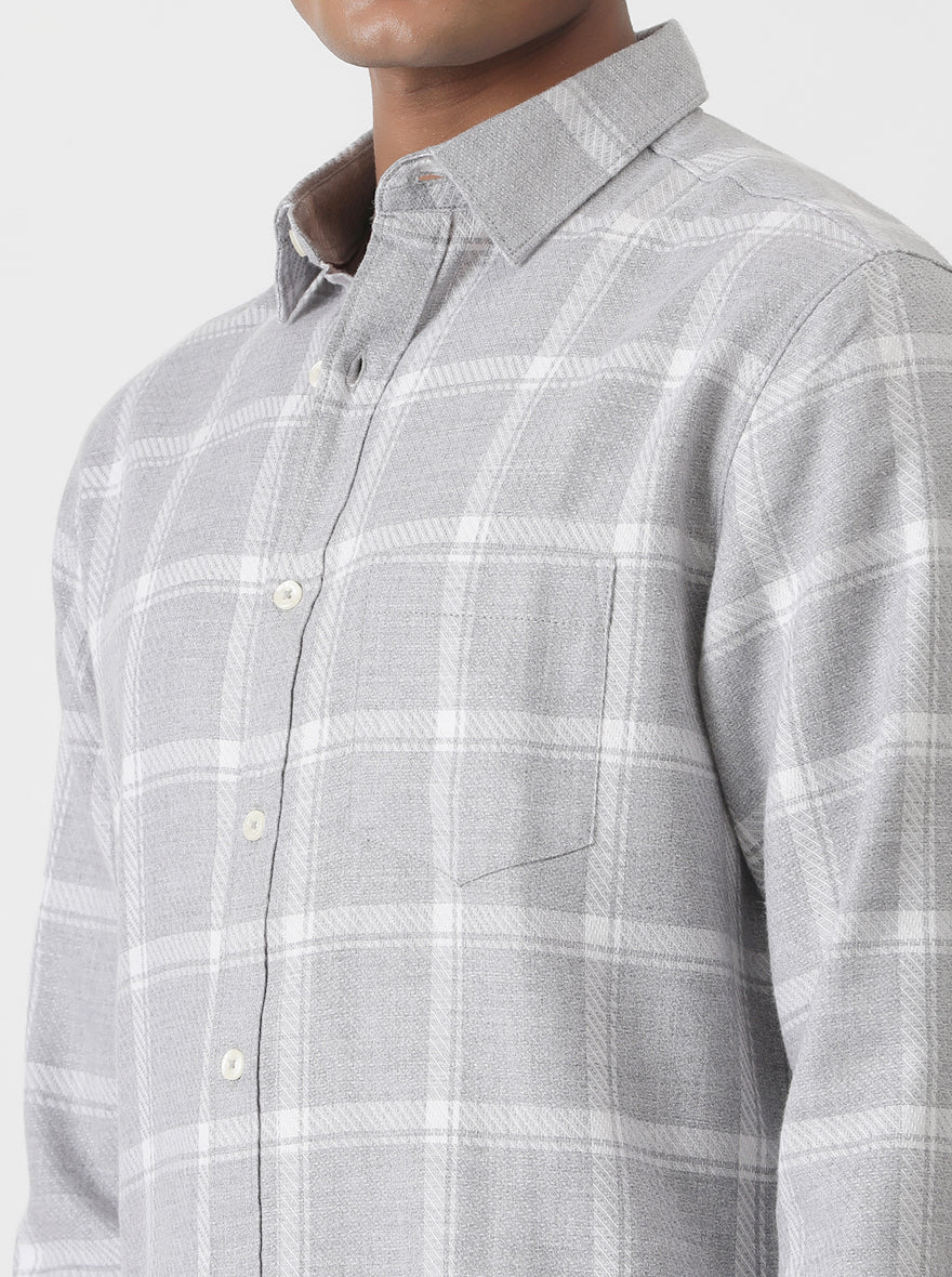 Grey Checked Slim Fit Casual Shirt | pehervi