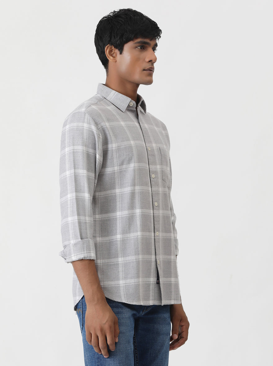Grey Checked Slim Fit Casual Shirt | pehervi