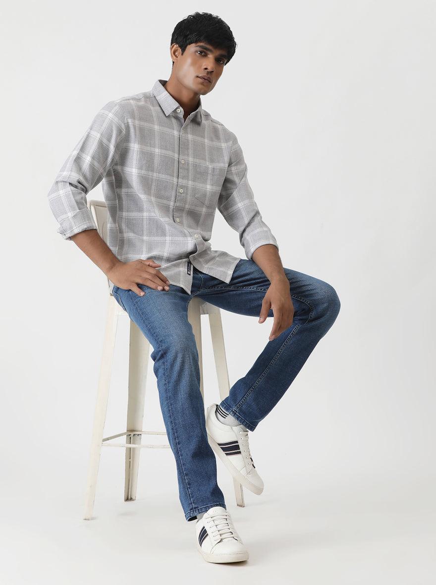 Grey Checked Slim Fit Casual Shirt | pehervi