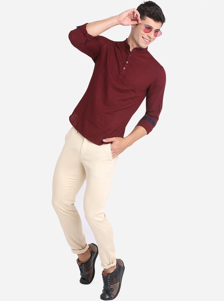 Ruby Wine Solid Slim Fit Short Kurta | Pehervi