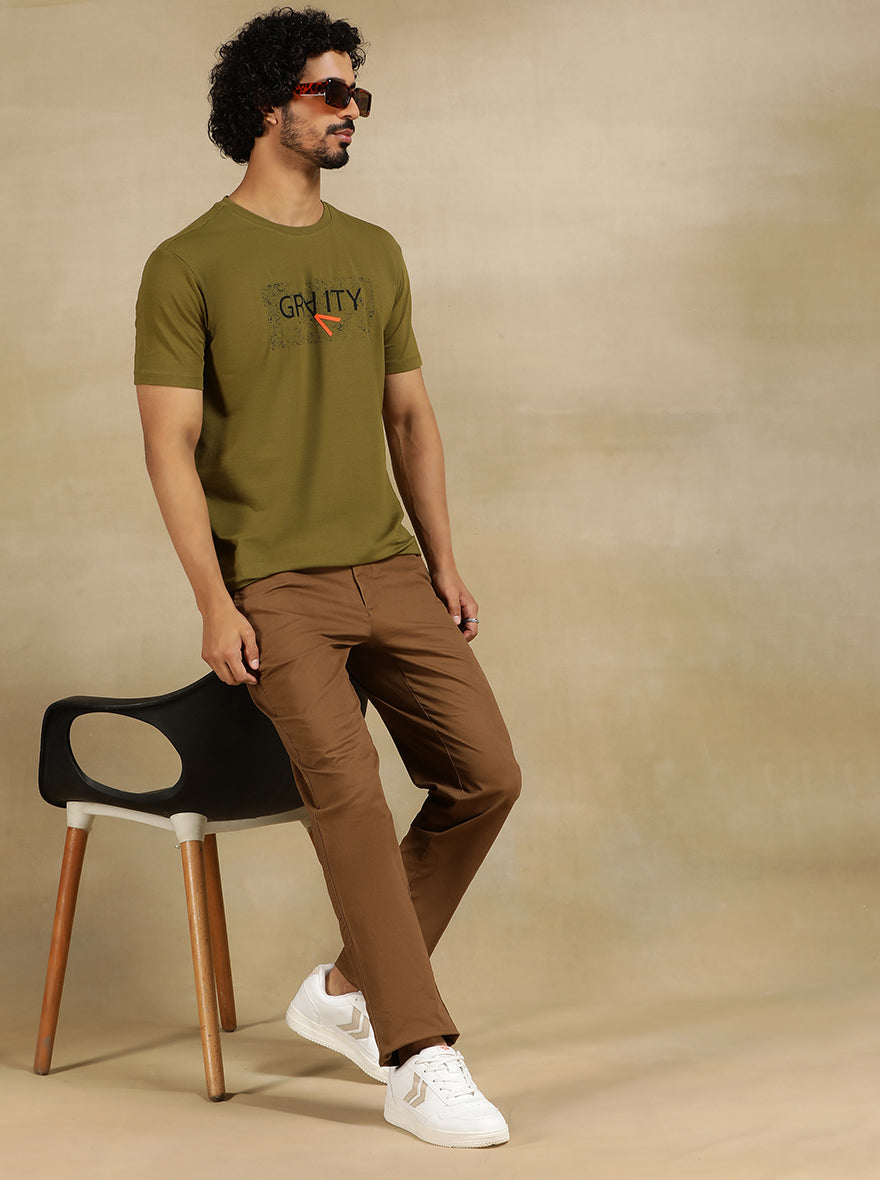 Olive Green Printed Slim Fit T-Shirt | pehervi