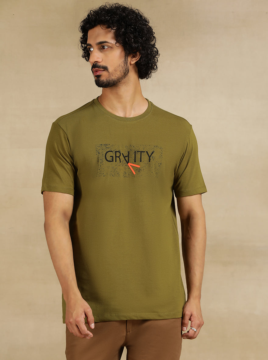 Olive Green Printed Slim Fit T-Shirt | pehervi