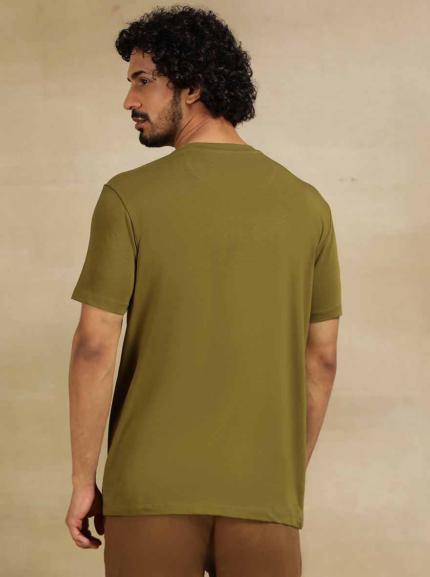 Olive Green Printed Slim Fit T-Shirt | pehervi