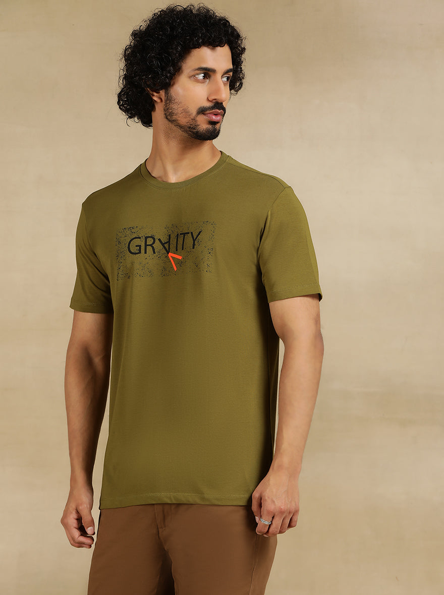 Olive Green Printed Slim Fit T-Shirt | pehervi