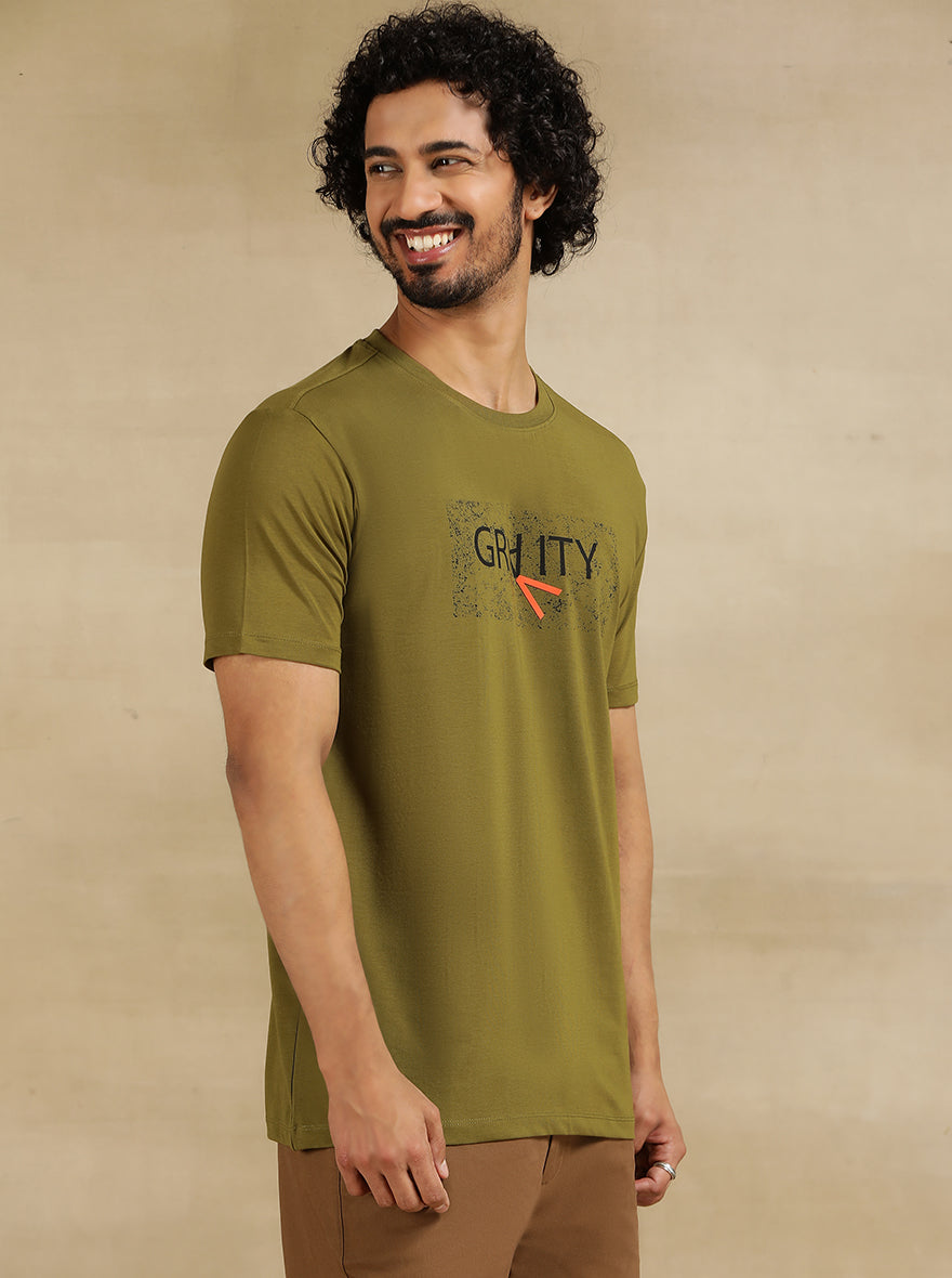 Olive Green Printed Slim Fit T-Shirt | pehervi