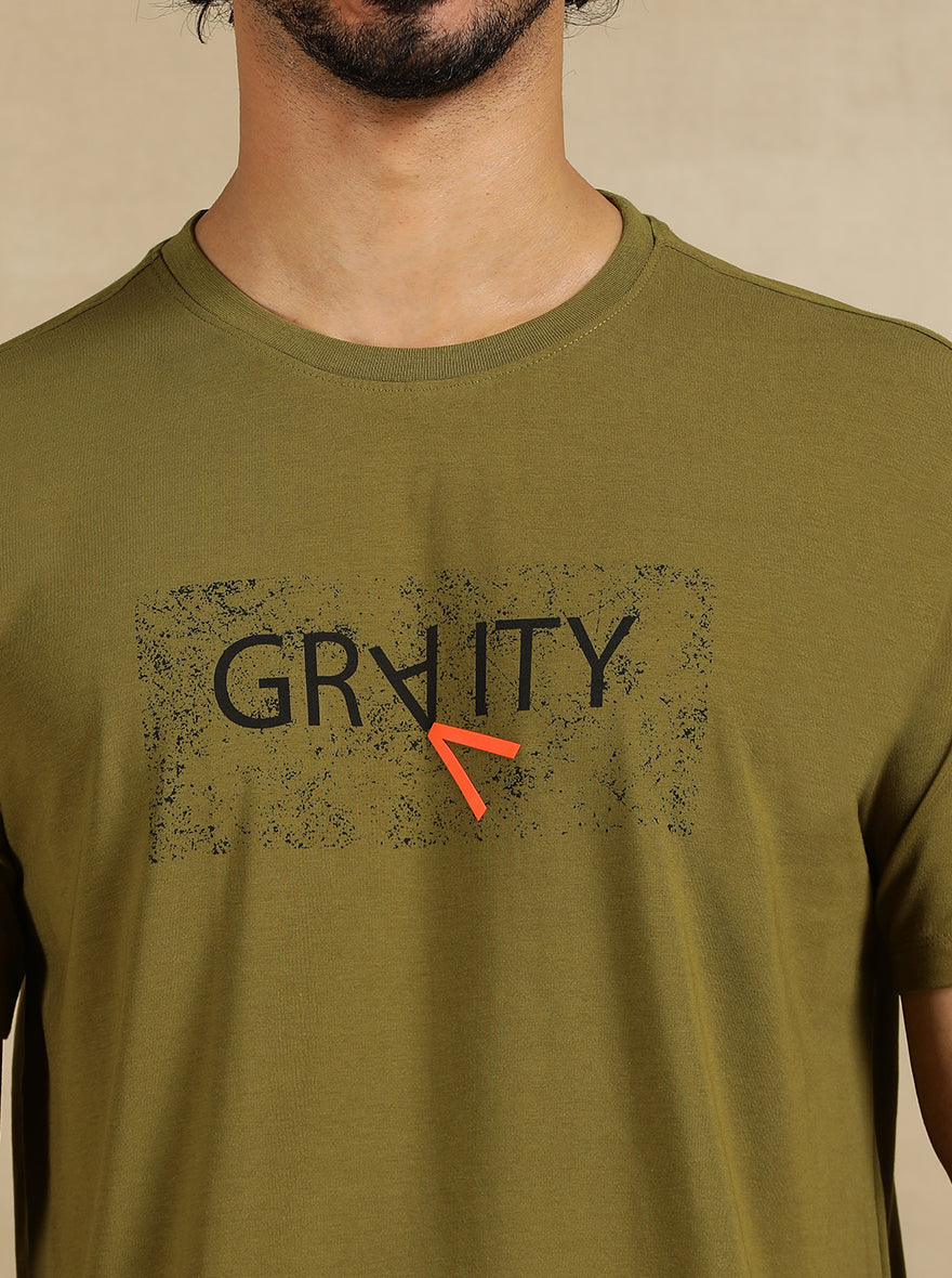 Olive Green Printed Slim Fit T-Shirt | pehervi