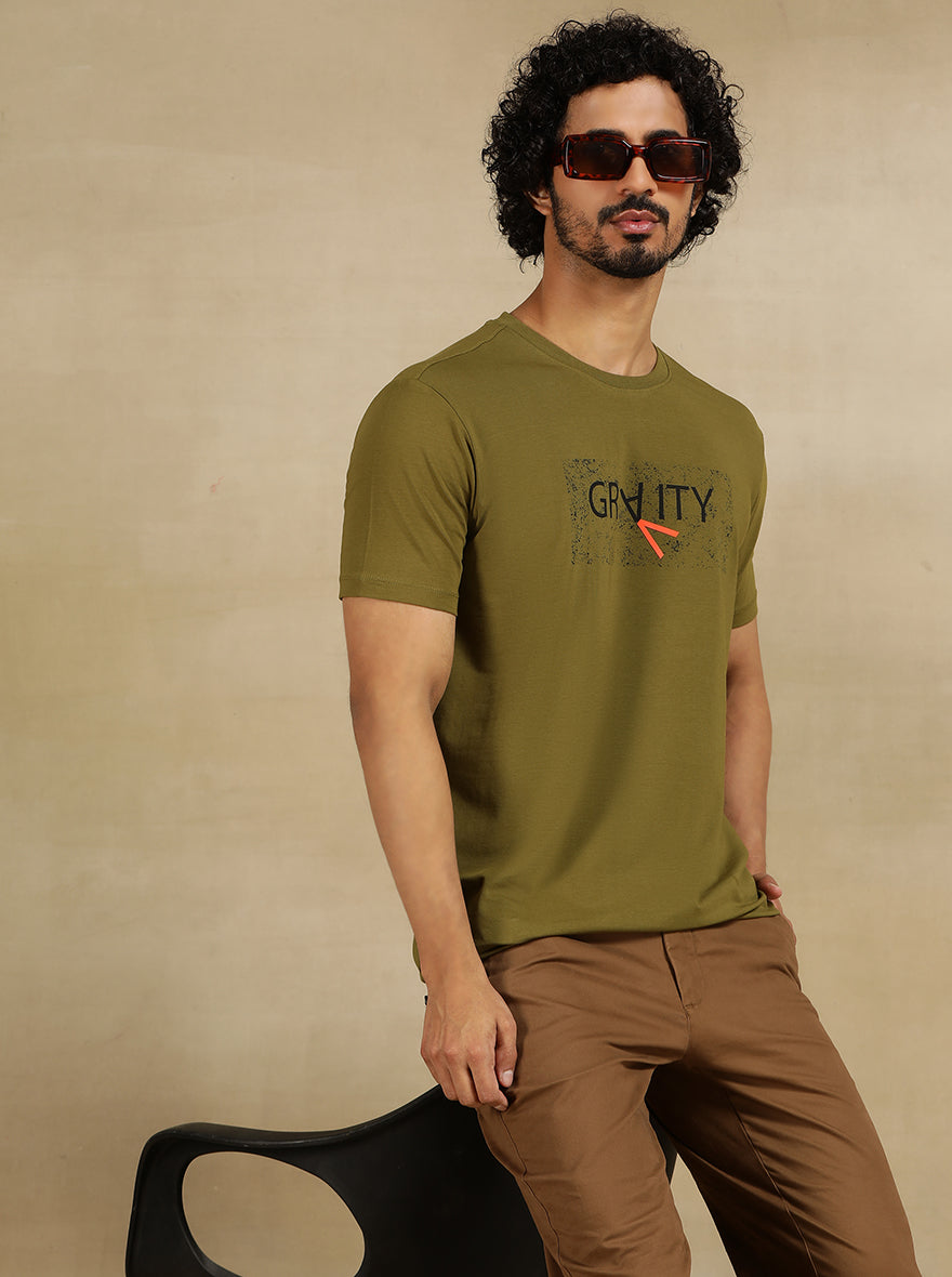 Olive Green Printed Slim Fit T-Shirt | pehervi