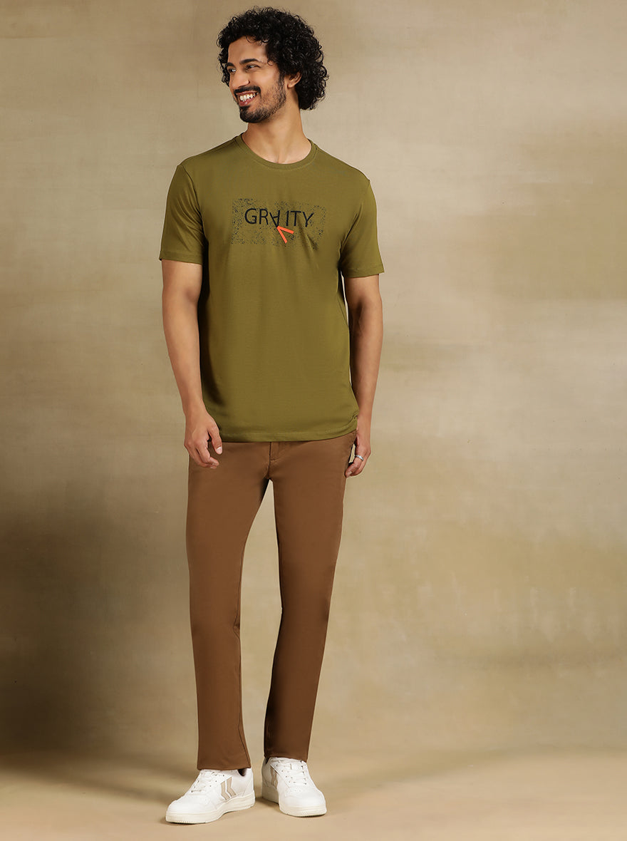 Olive Green Printed Slim Fit T-Shirt | pehervi