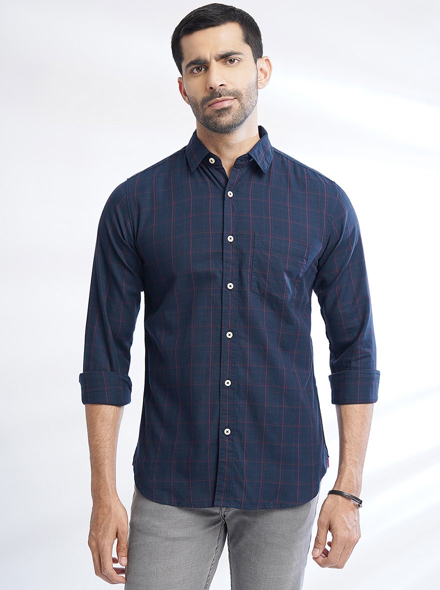 Navy Blue Checked Slim Fit Casual Shirt | pehervi