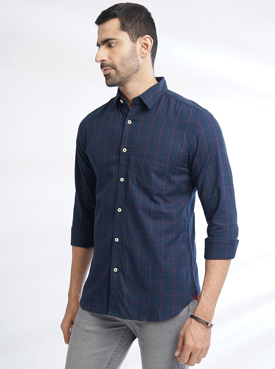 Navy Blue Checked Slim Fit Casual Shirt | pehervi