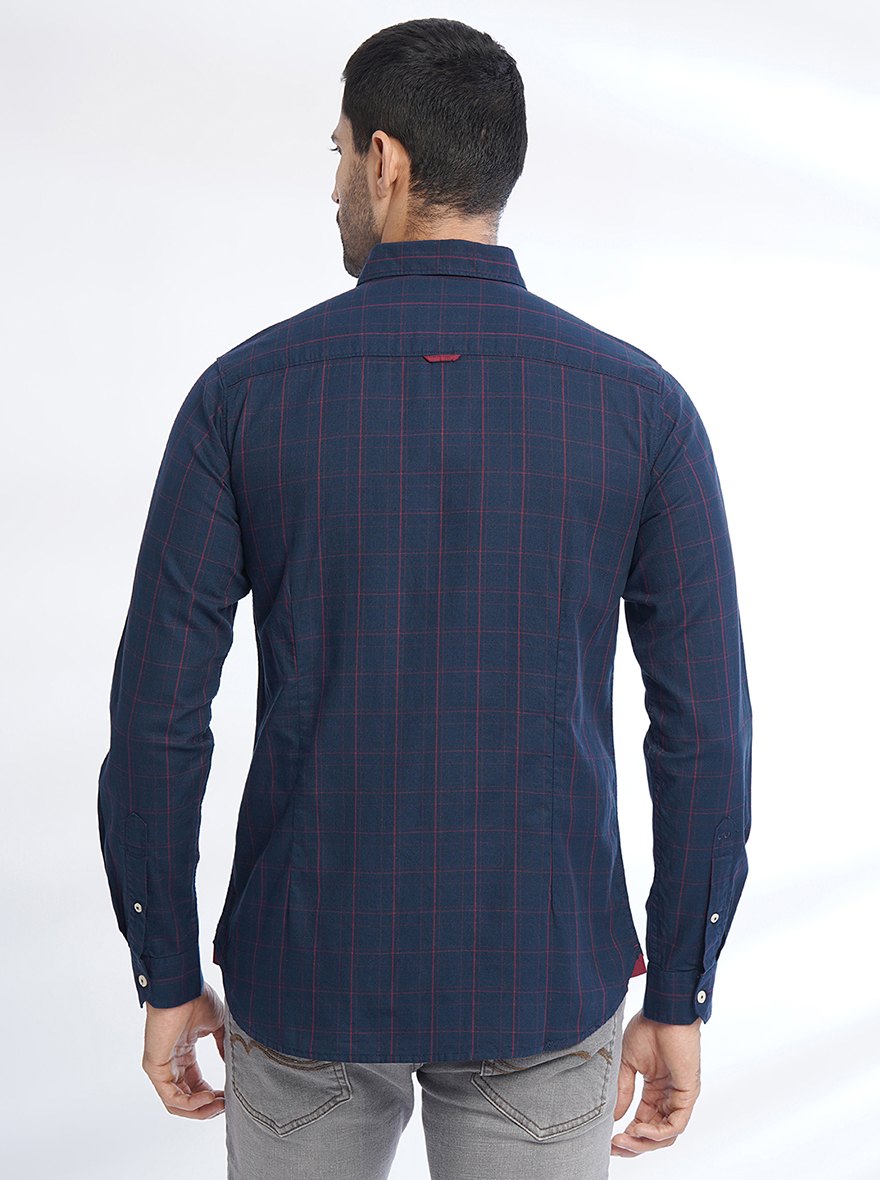 Navy Blue Checked Slim Fit Casual Shirt | pehervi