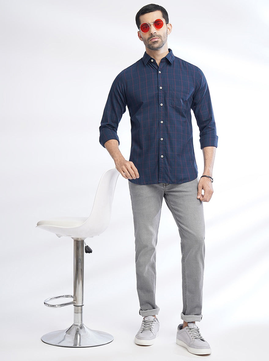 Navy Blue Checked Slim Fit Casual Shirt | pehervi