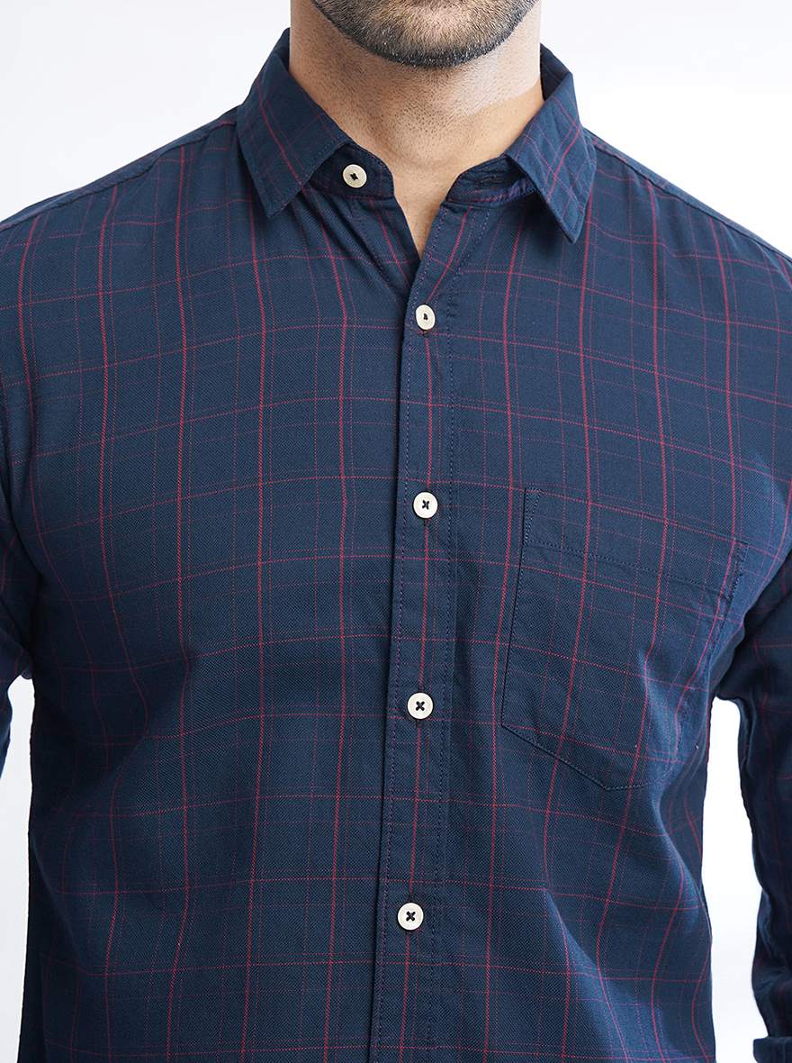 Navy Blue Checked Slim Fit Casual Shirt | pehervi