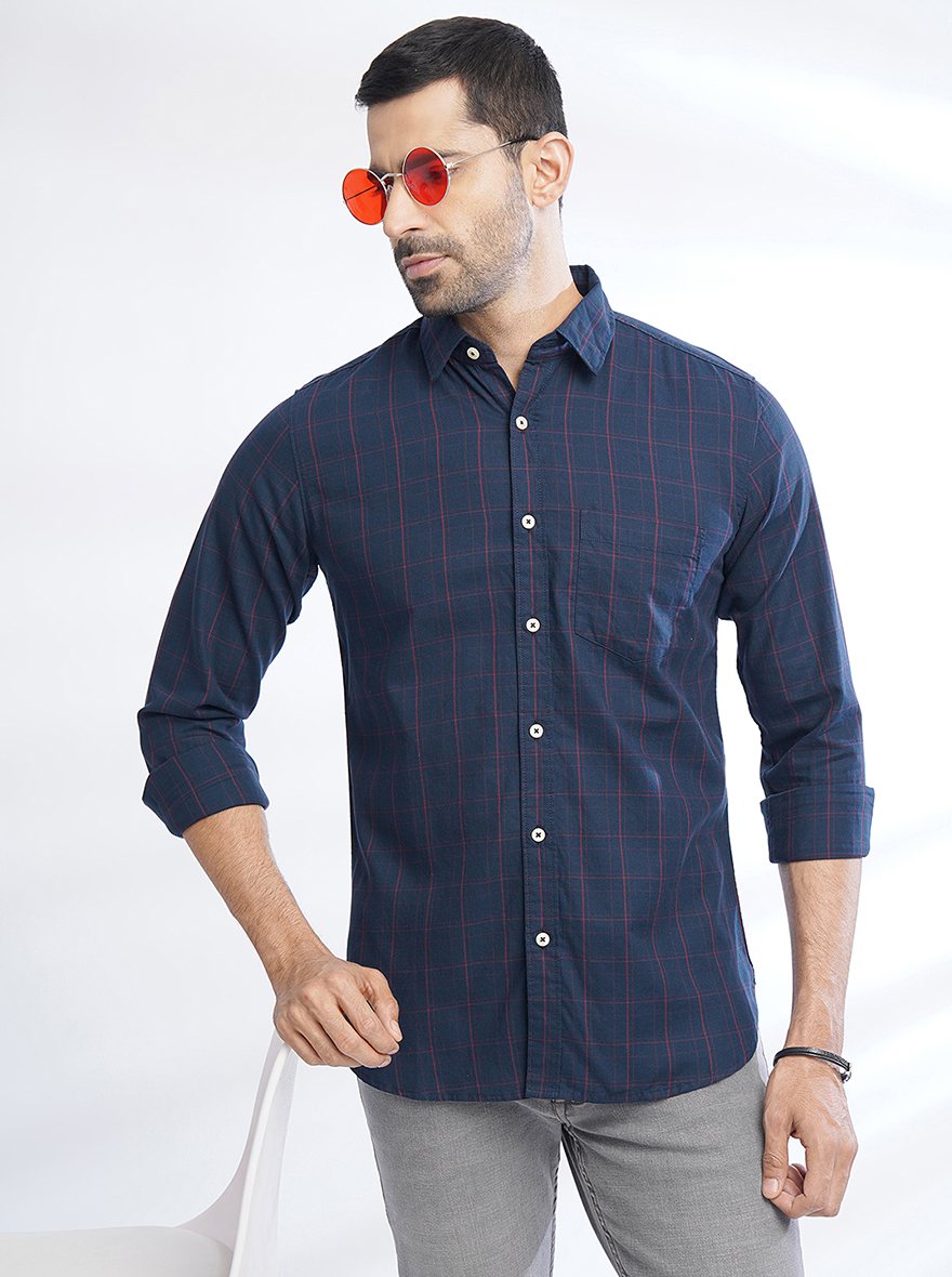 Navy Blue Checked Slim Fit Casual Shirt | pehervi
