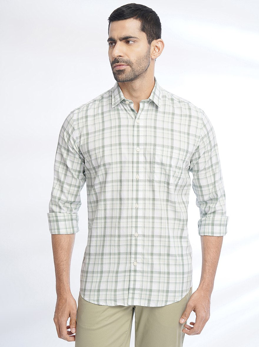Light Green Checked Slim Fit Semi Casual Shirt | Pehervi