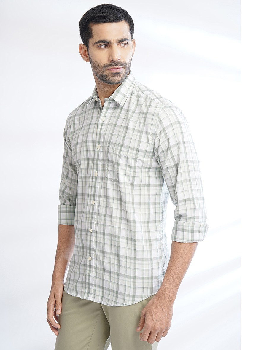 Light Green Checked Slim Fit Semi Casual Shirt | Pehervi
