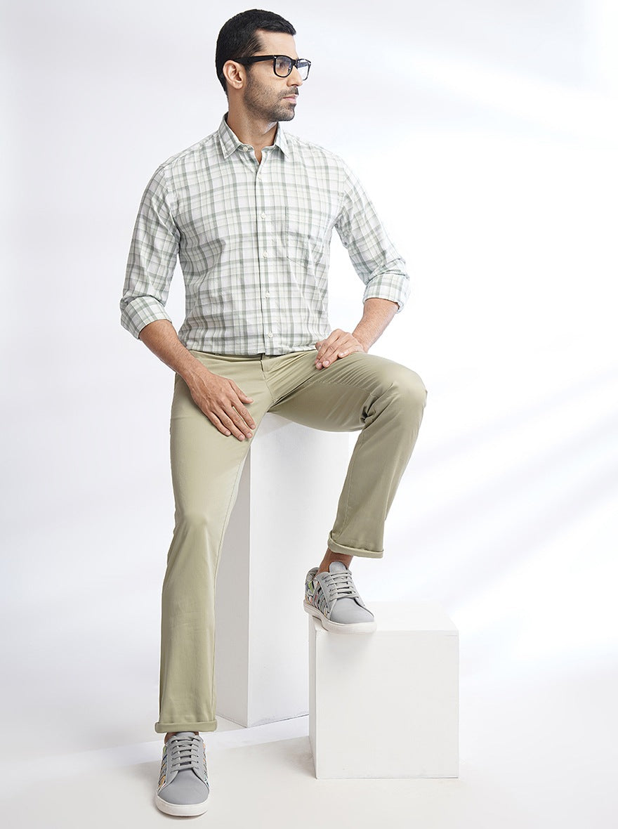 Light Green Checked Slim Fit Semi Casual Shirt | Pehervi
