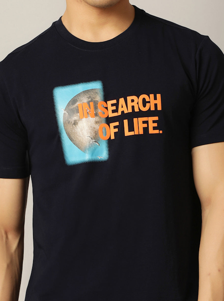 Navy Blue Printed Slim Fit T-Shirt | pehervi