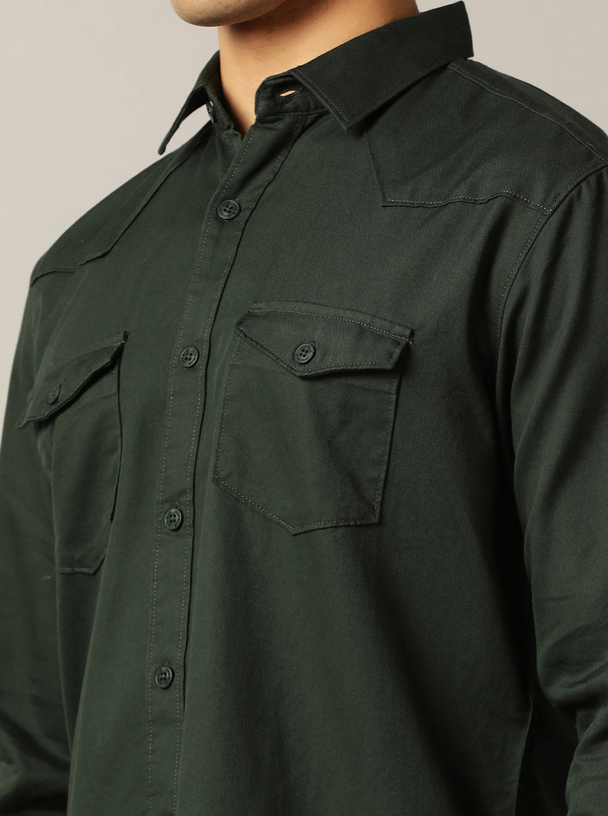 Dark Olive Solid Slim Fit Casual Shirt | pehervi