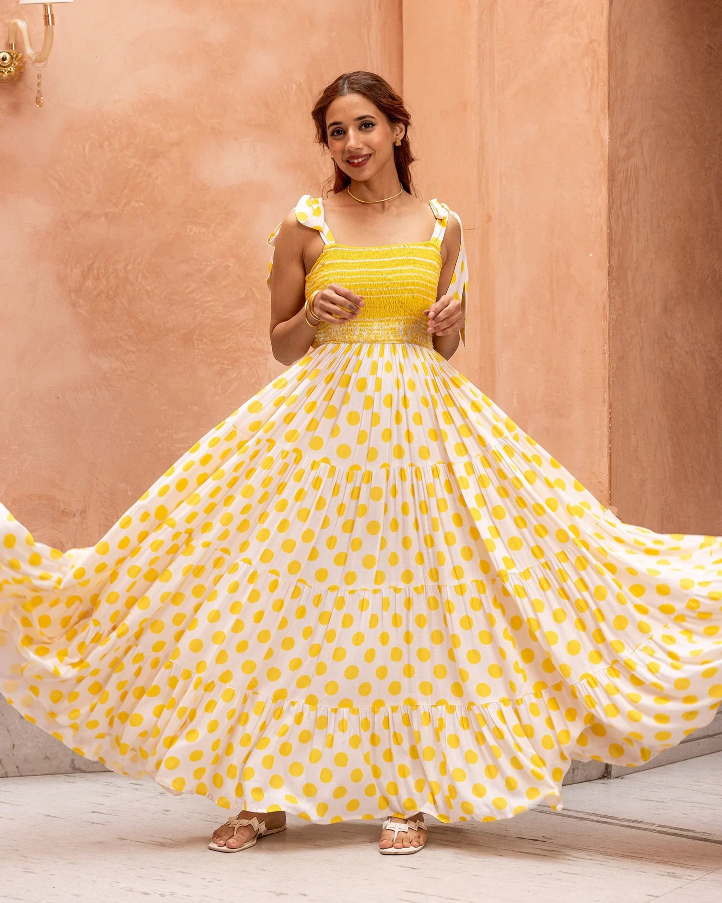 Yellow Smocked & Polka Dress