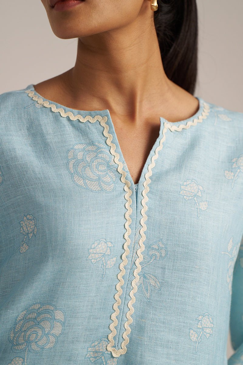 Canal Blue Linen Hand-Printed Kurta
