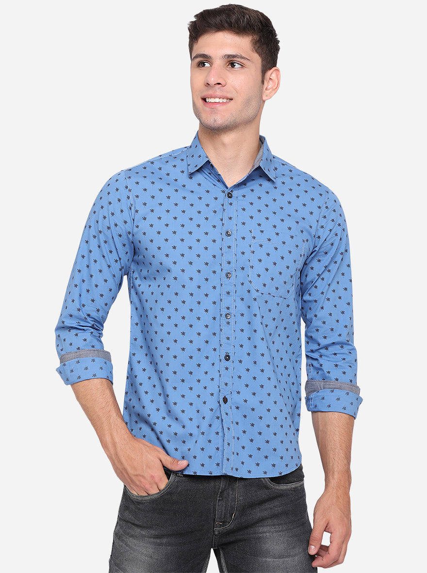 Campanula Blue Printed Slim Fit Semi Casual Shirt | Pehervi