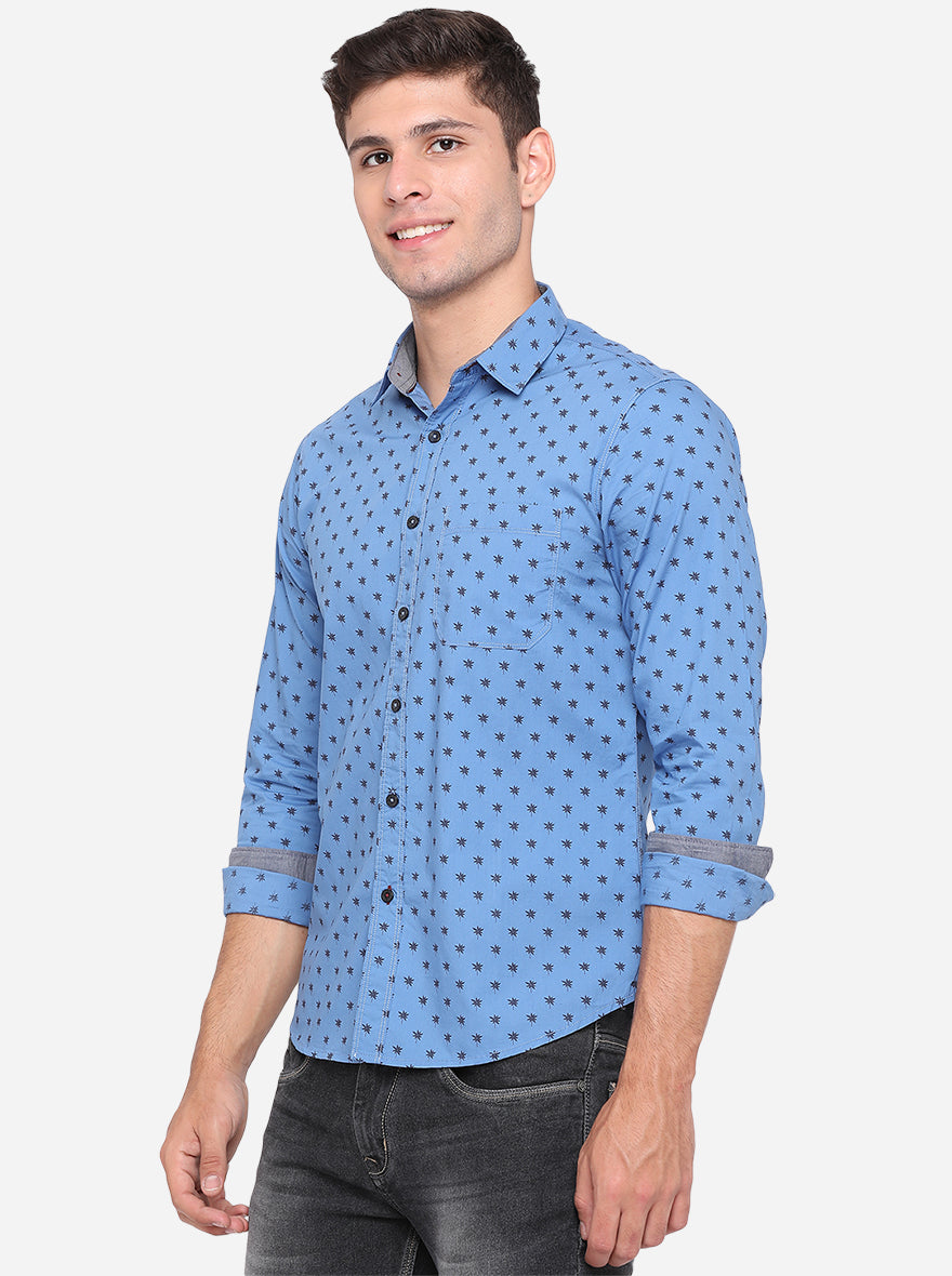 Campanula Blue Printed Slim Fit Semi Casual Shirt | Pehervi