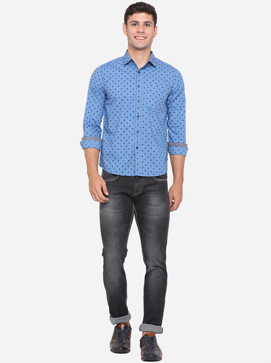 Campanula Blue Printed Slim Fit Semi Casual Shirt | Pehervi