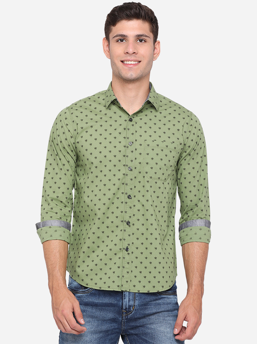 Meadow Green Printed Slim Fit Semi Casual Shirt | Pehervi