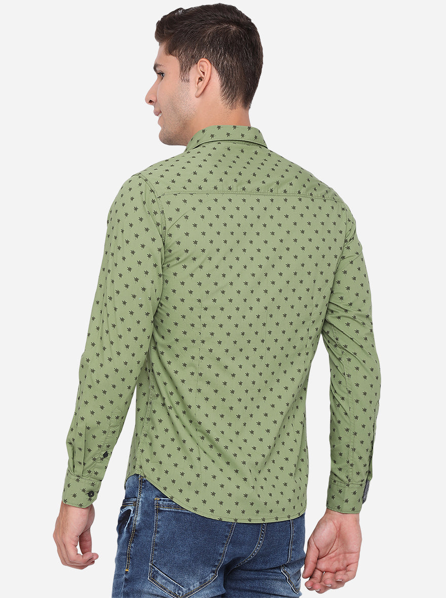 Meadow Green Printed Slim Fit Semi Casual Shirt | Pehervi