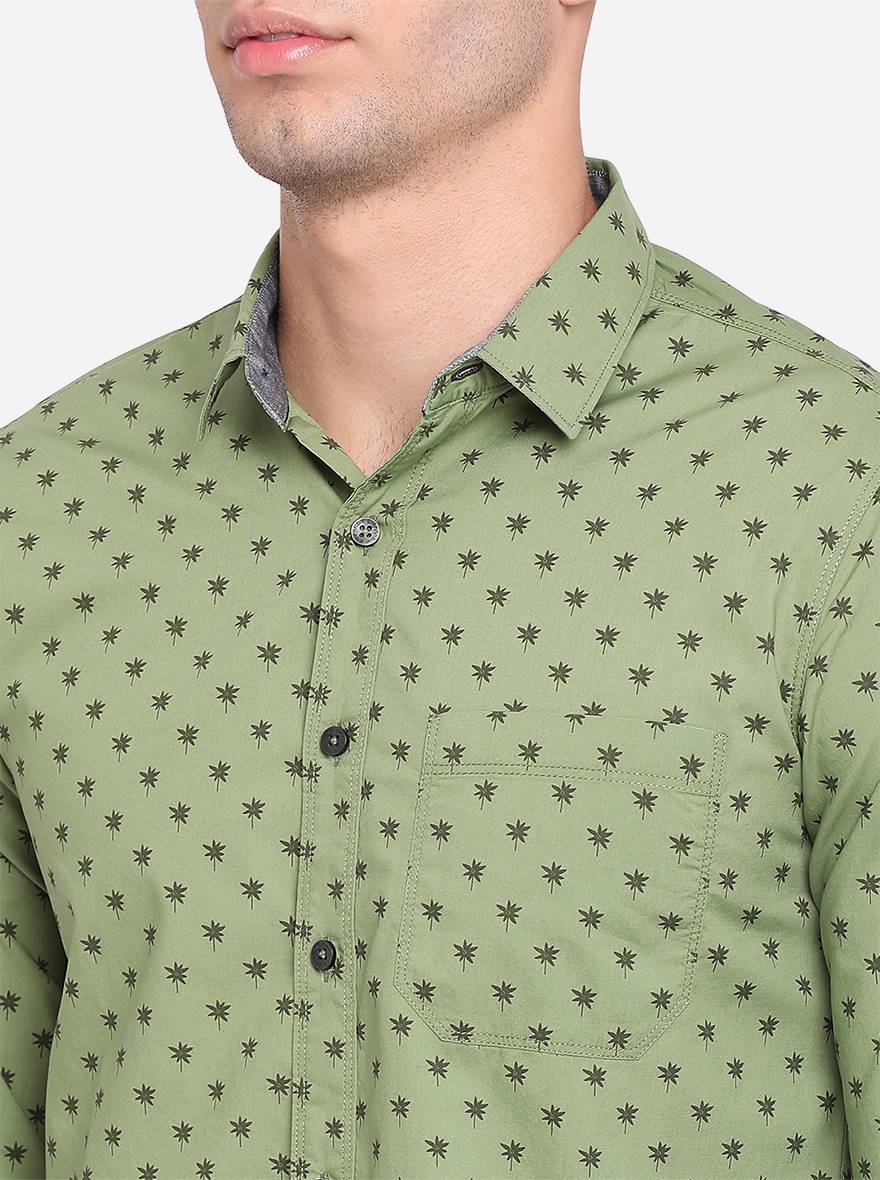 Meadow Green Printed Slim Fit Semi Casual Shirt | Pehervi