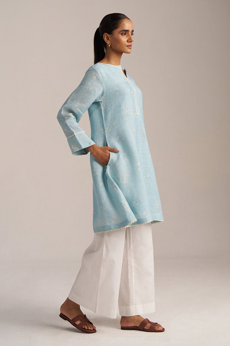 Canal Blue Linen Hand-Printed Kurta