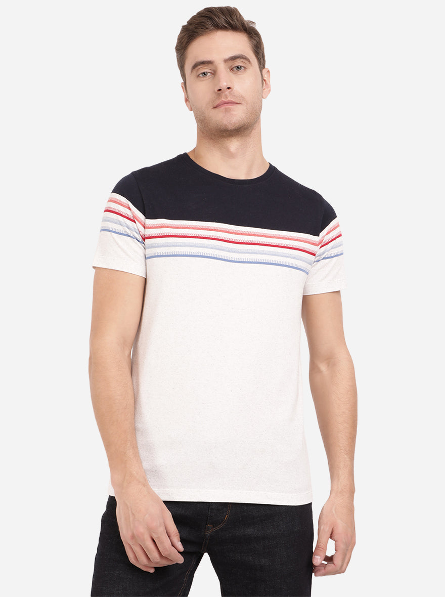 Navy Blue & White Striped Slim Fit T-Shirt | pehervi