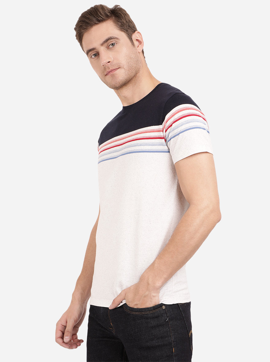 Navy Blue & White Striped Slim Fit T-Shirt | pehervi